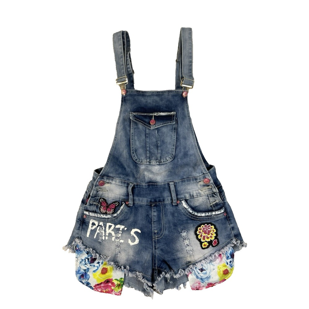 Denim Jean Girls ShortAlls Artsey Vibrant Patches Distressed Hem Painted Paris M